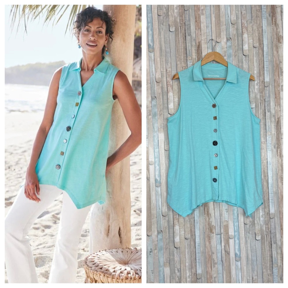 Soft Surroundings Danielle Button Sleeveless Tunic Aqua Blue Sharkbite‎ Hem 1X